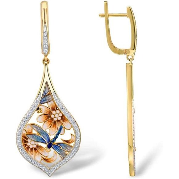 925 Sterling Silver Cubic Zirconia Enamel Flower Dragonfly Earrings for Women